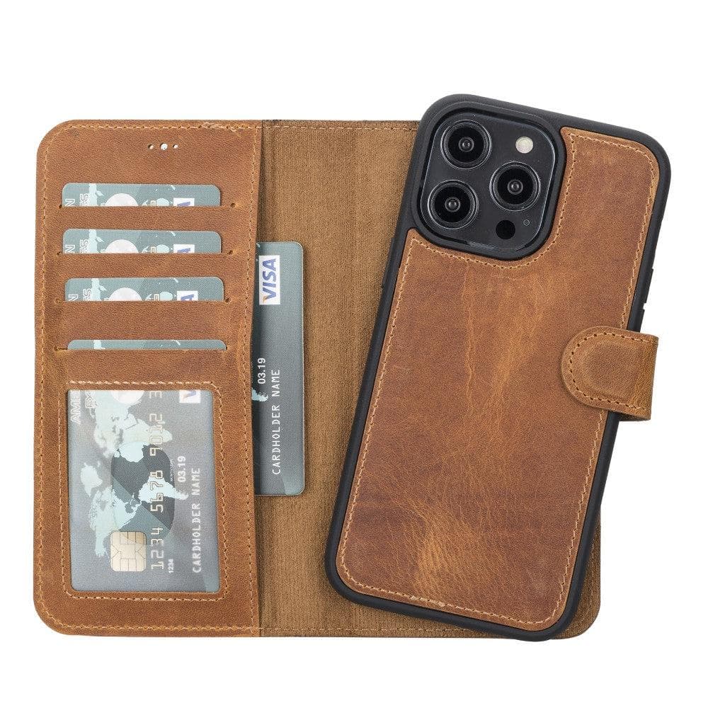 Detachable leather wallet phone case, brown with card slots and side strap tab