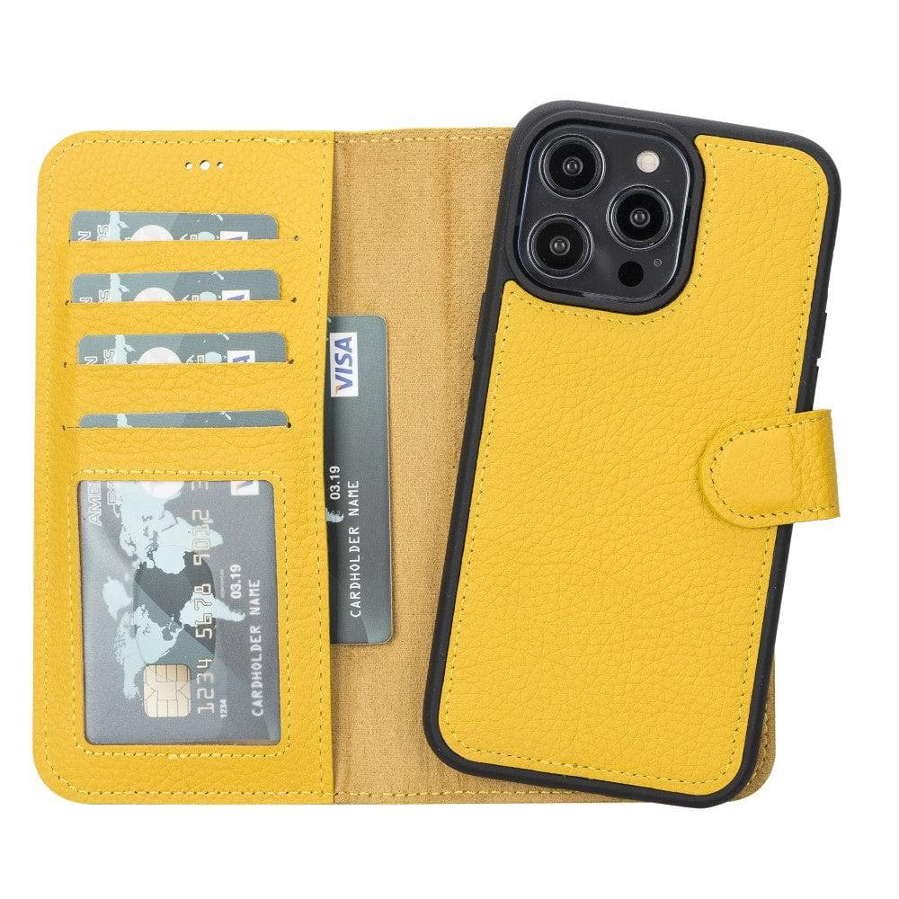 Detachable leather wallet phone case, yellow with card slots and magnetic flap