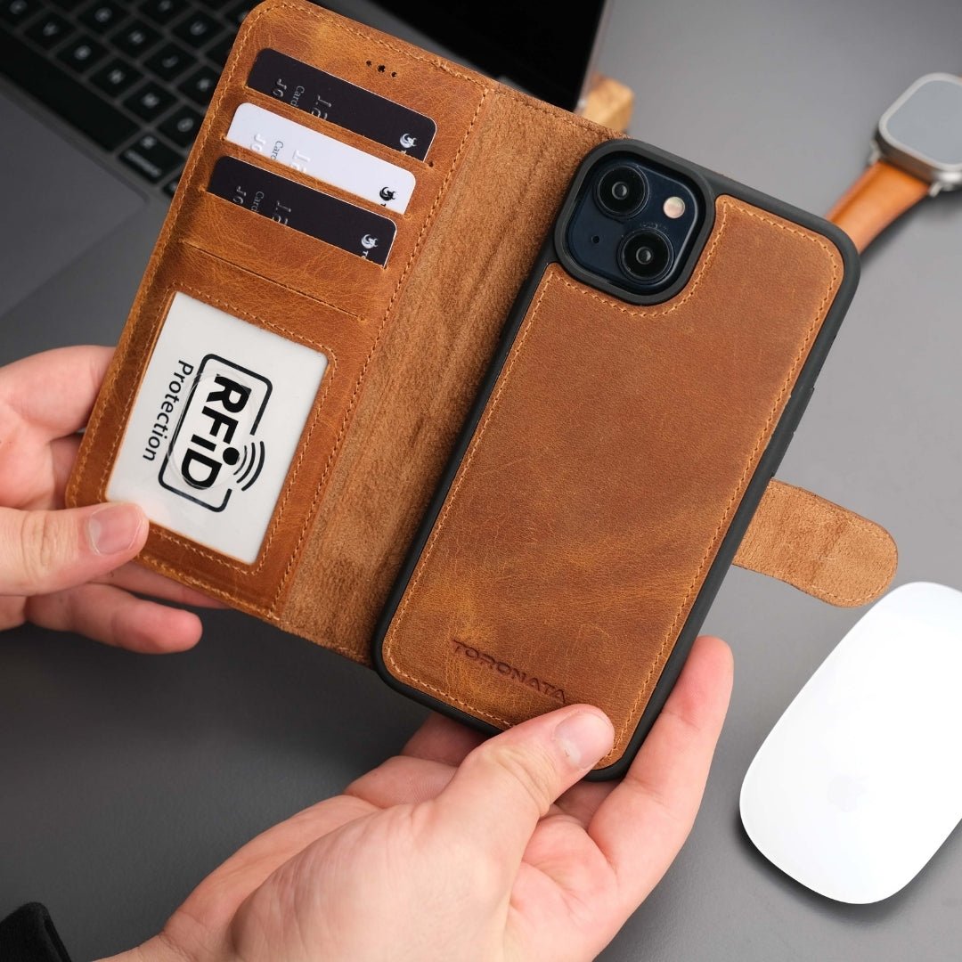 Tan leather iPhone wallet case with card window and card slots