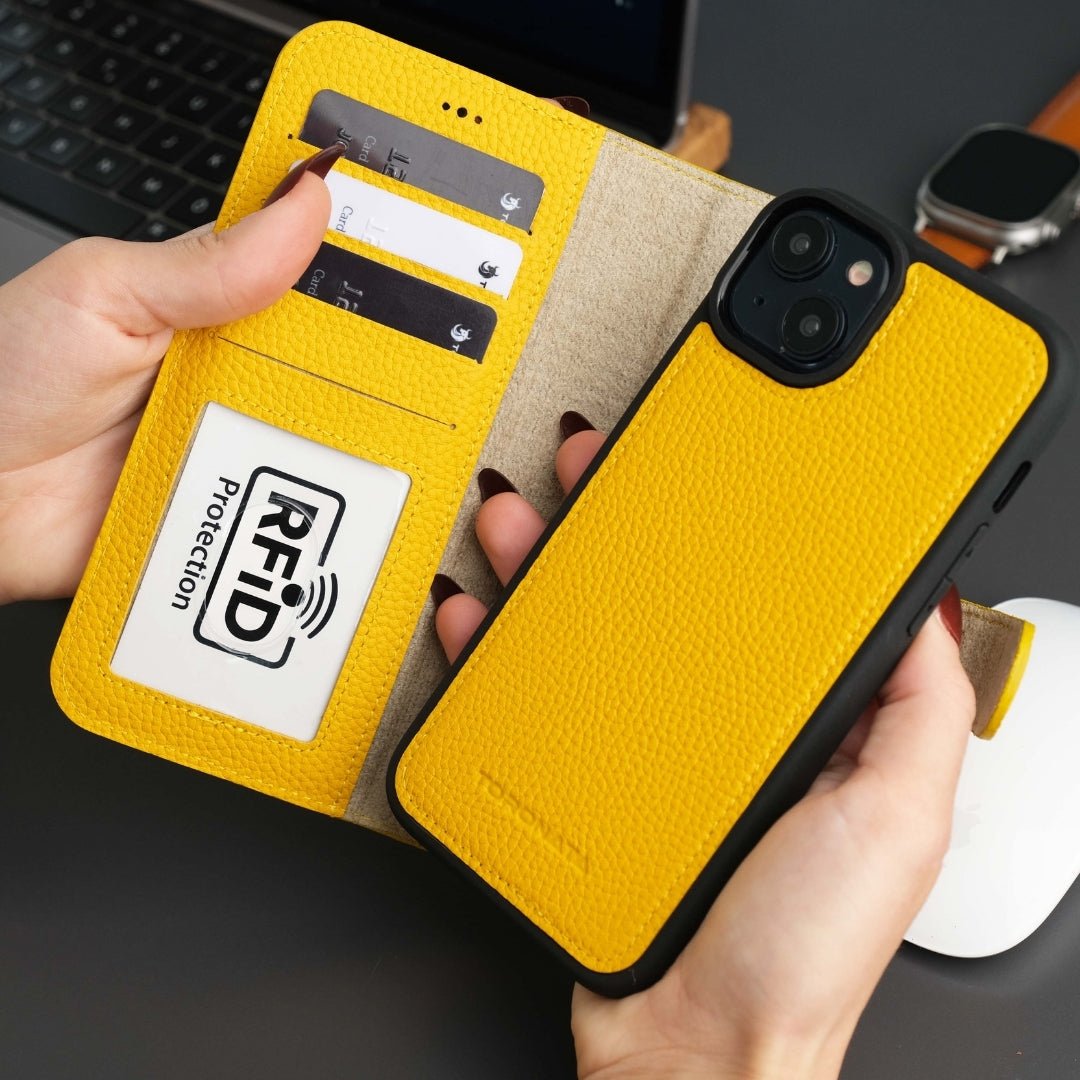 Yellow leather iPhone wallet case with card window and two card slots