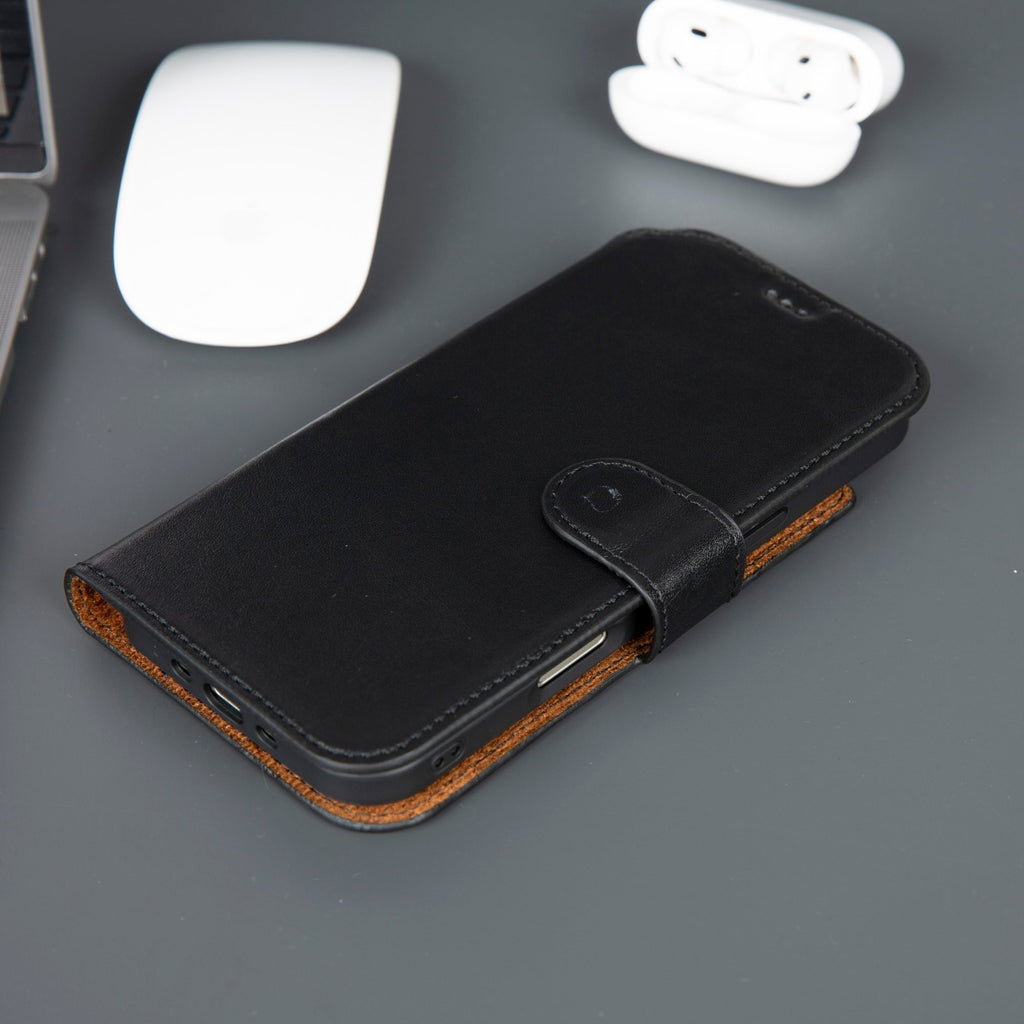 Black leather iPhone wallet case with tan edge trim