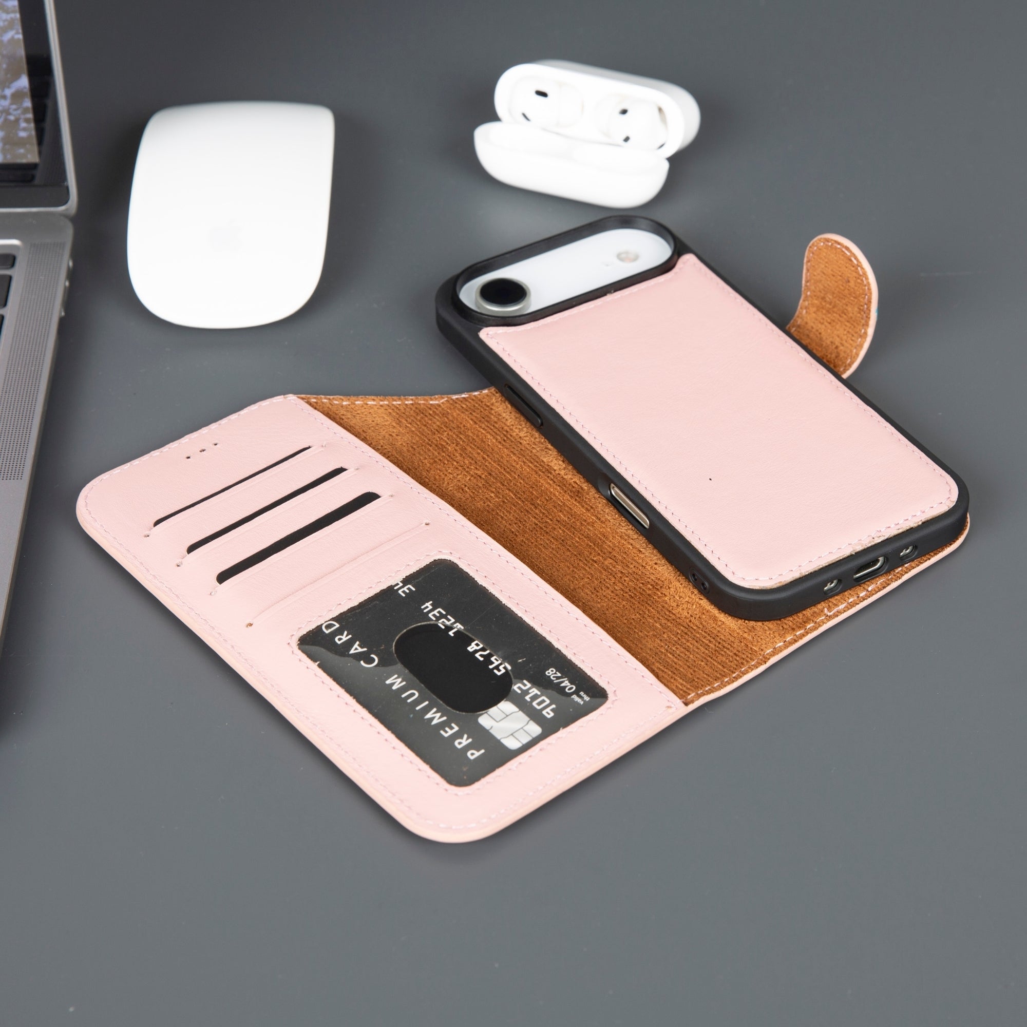 Leather iPhone wallet phone case with pink card panel and tan card holder