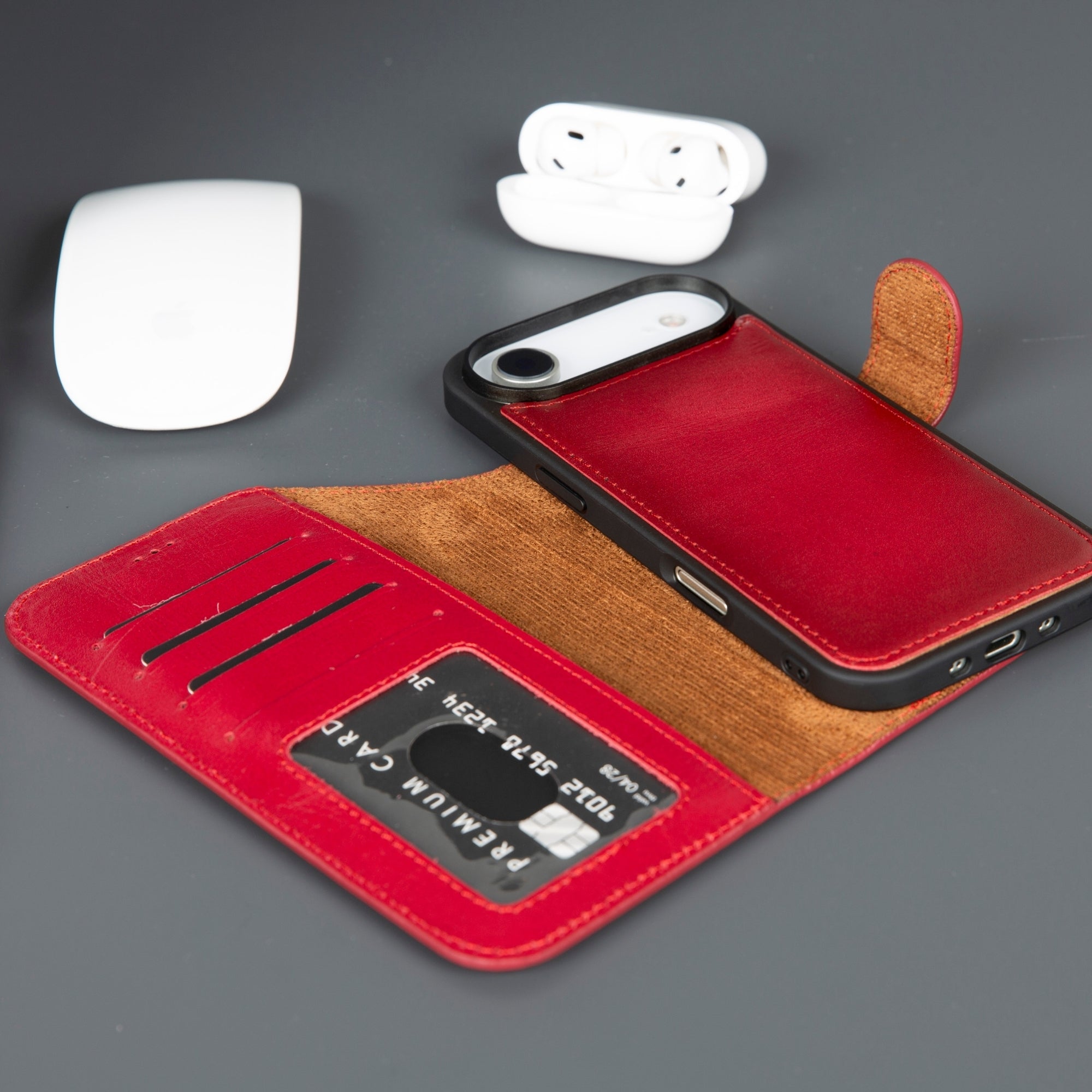 Red and tan leather iPhone wallet case with card slots and phone back cover