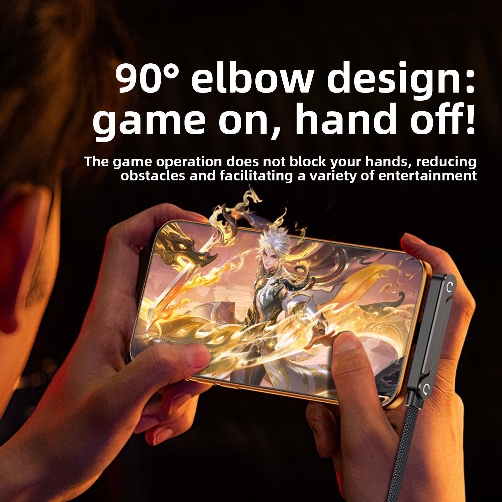 Foldable phone charging stand with braided cable, held next to a smartphone