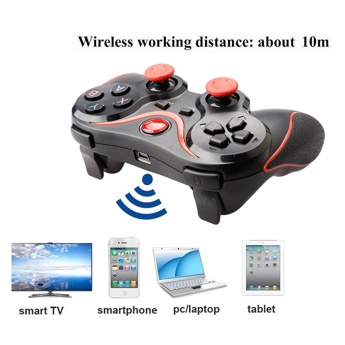 Black wireless controller with red joystick caps and textured grips, dual trigger design