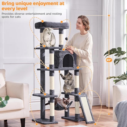 Yaheetech Large Multi-Level Cat Tree, 63 Inches Tall with Sisal-Covered Scratching Posts, Condo, Hammock, Dangling Ball, and Extended Platform for Cats to Play and Sleep