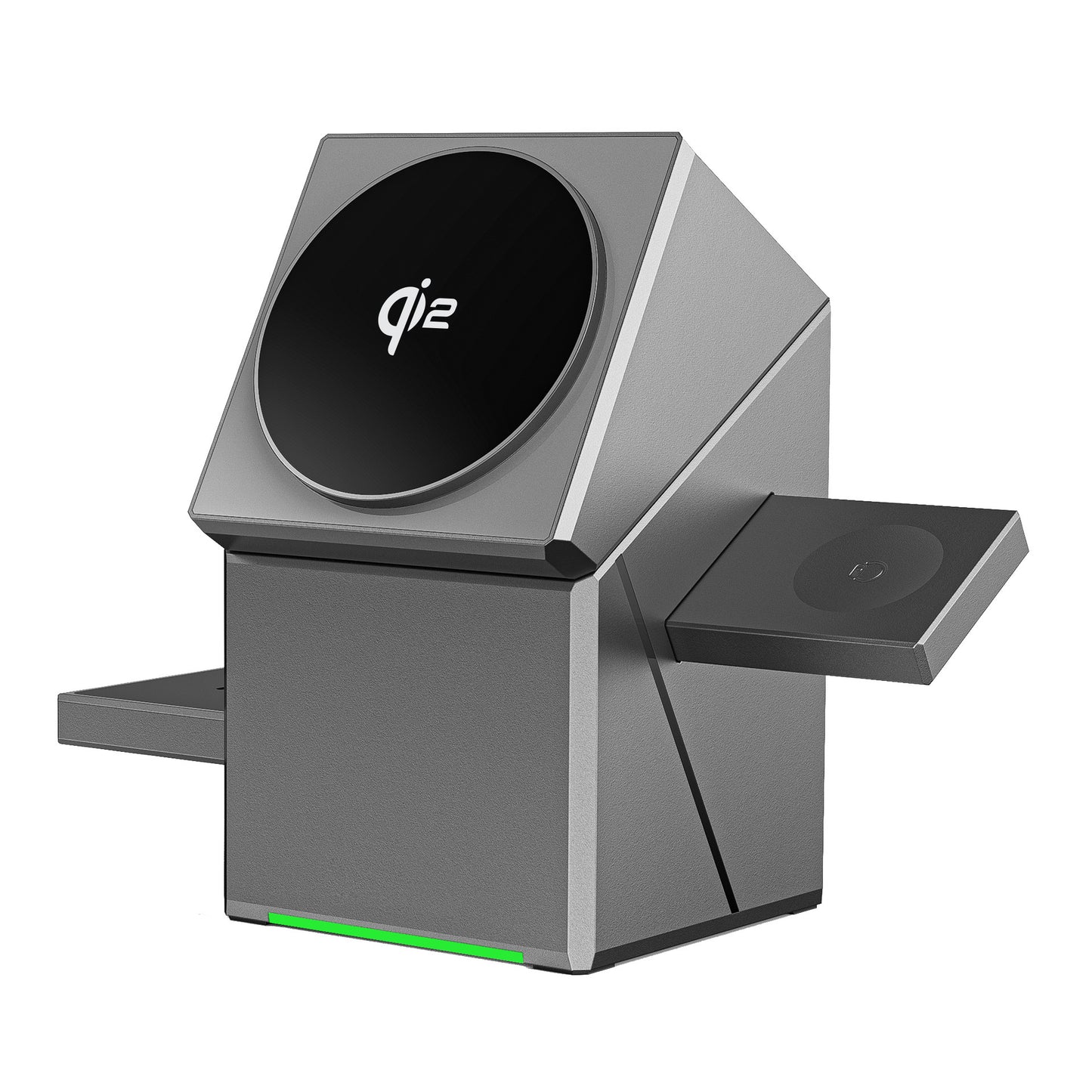 Gray magnetic wireless charger with Qi2-marked circular top pad and side charging tray