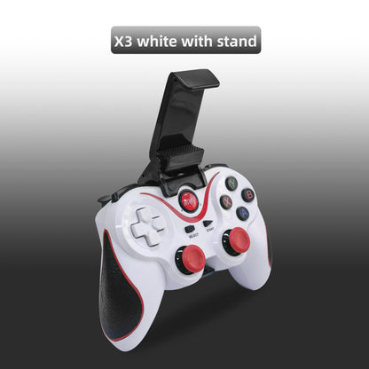 White wireless controller with attached phone stand, red analog sticks, and textured grips