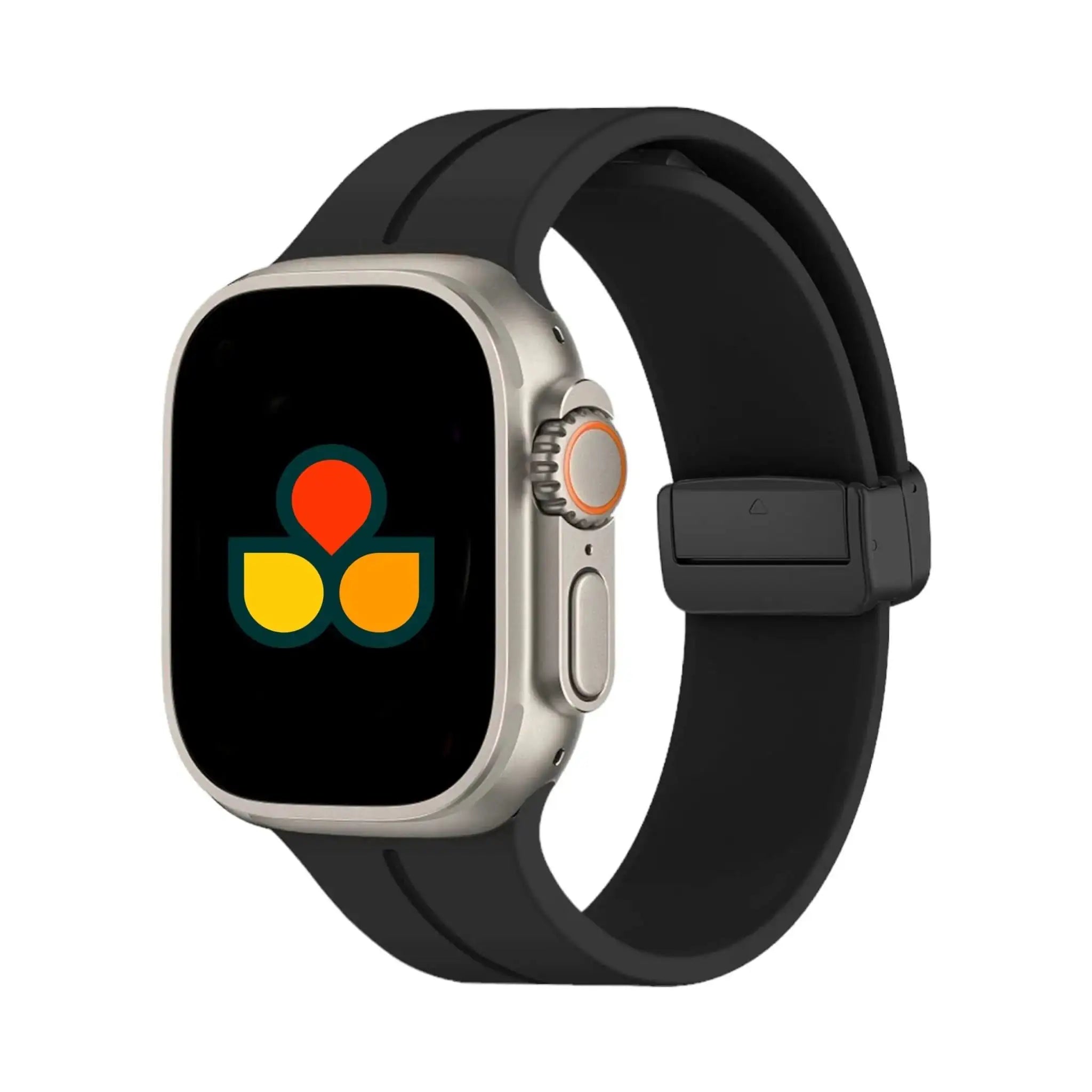 Black silicone smartwatch strap with black buckle and attachment holes