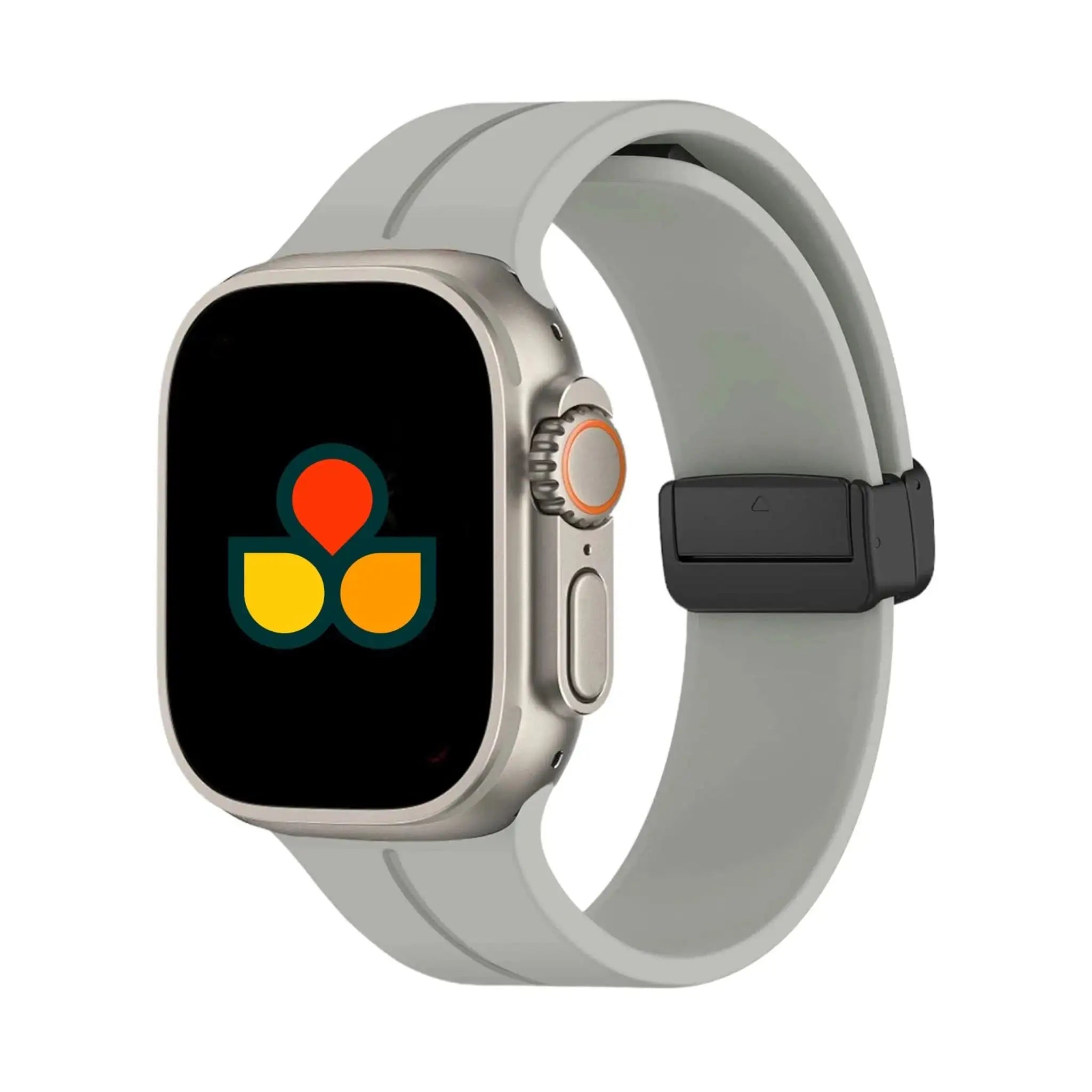 Silicone smartwatch strap in light gray, with adjustable buckle and pin holes