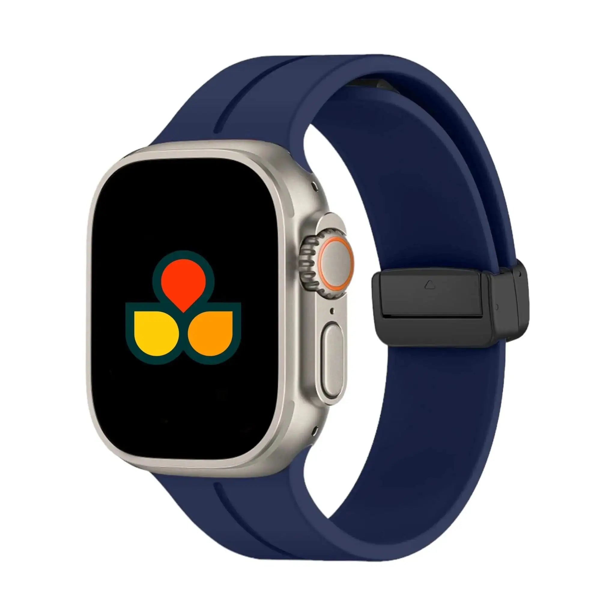 Silicone watch strap in navy blue with black buckle and multiple adjustment holes