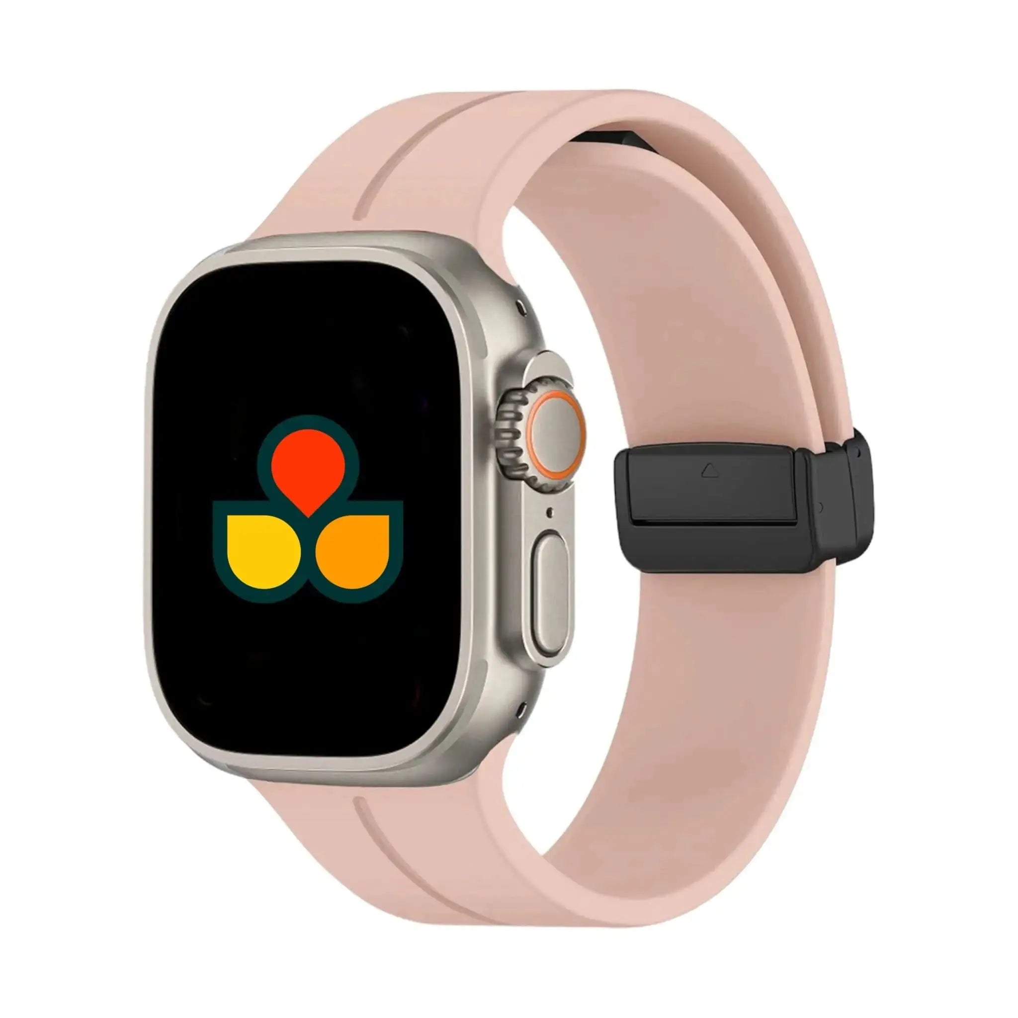 Silicone watch strap in light pink with black buckle and smartwatch face detail