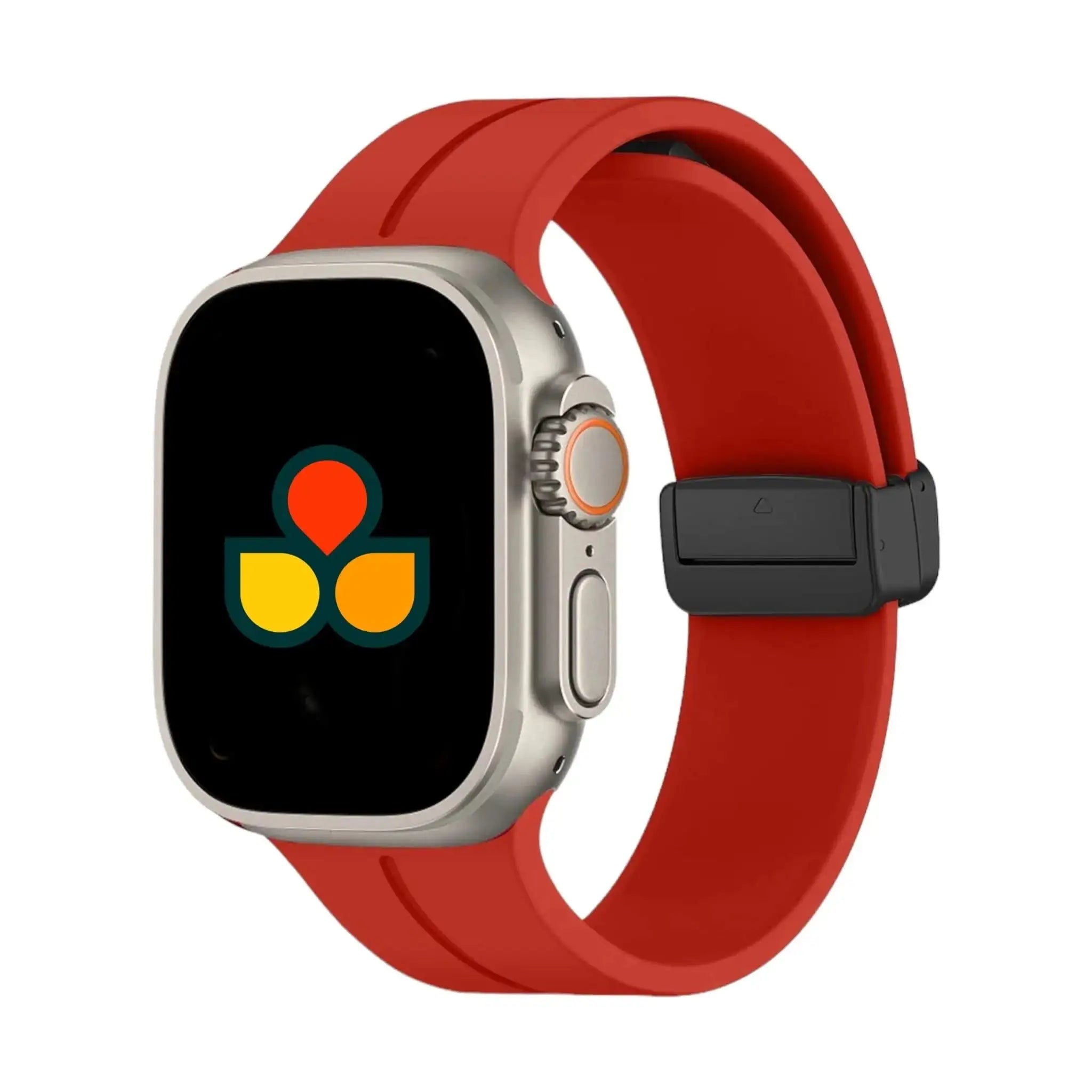 Silicone watch strap in red with black buckle and multiple adjustment holes