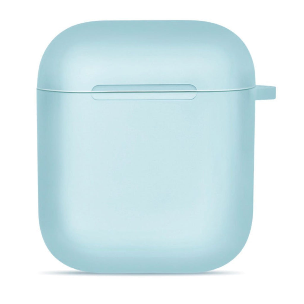 Light blue AirPod case with snap-on lid and front button