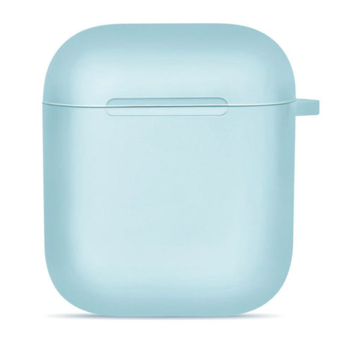Light blue AirPod case with snap-on lid and front button