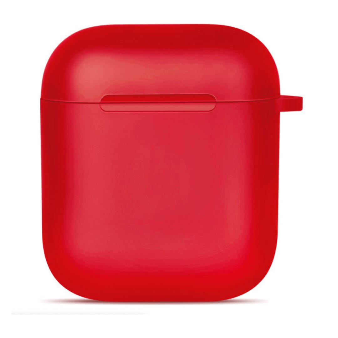 Red AirPod case with snap-on lid and front button