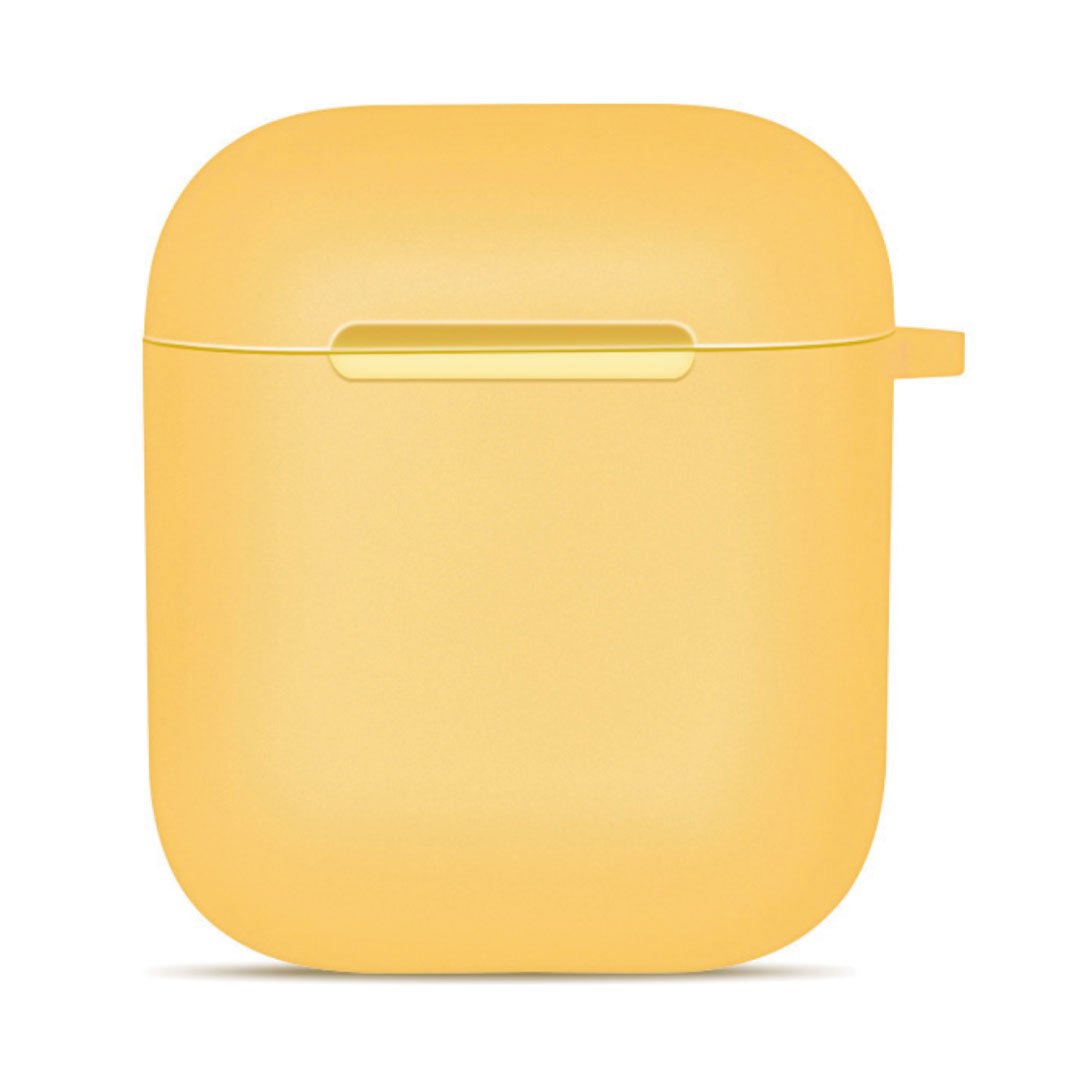 Yellow AirPod case with snap-on lid and front button