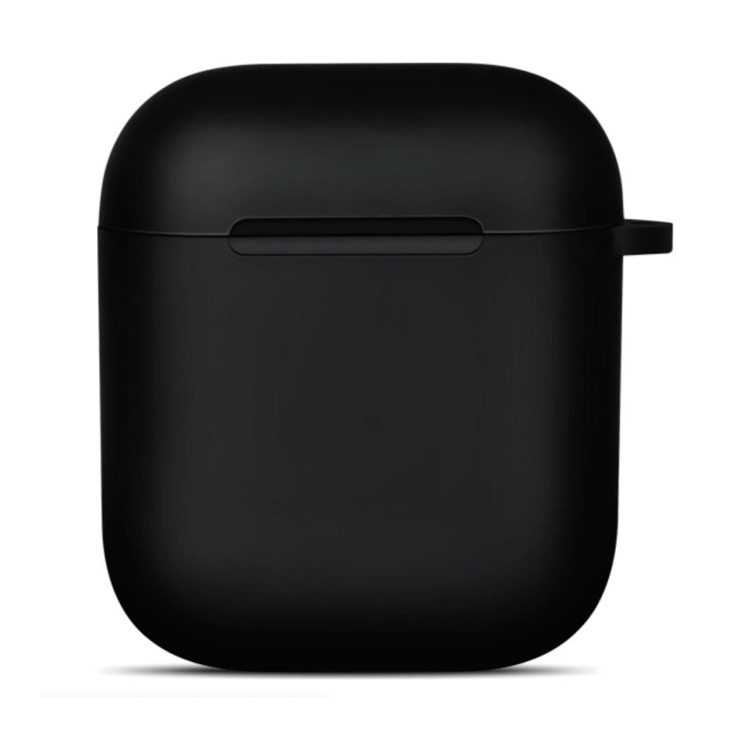 Black AirPod case with snap-on lid and front button