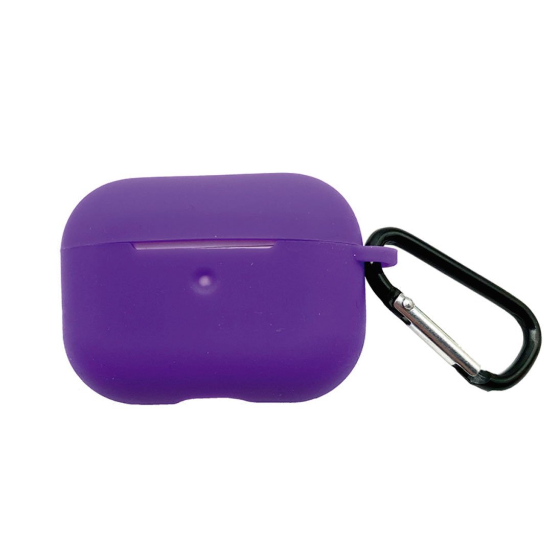 Purple AirPods Pro case with black carabiner clip, showing front indicator dot