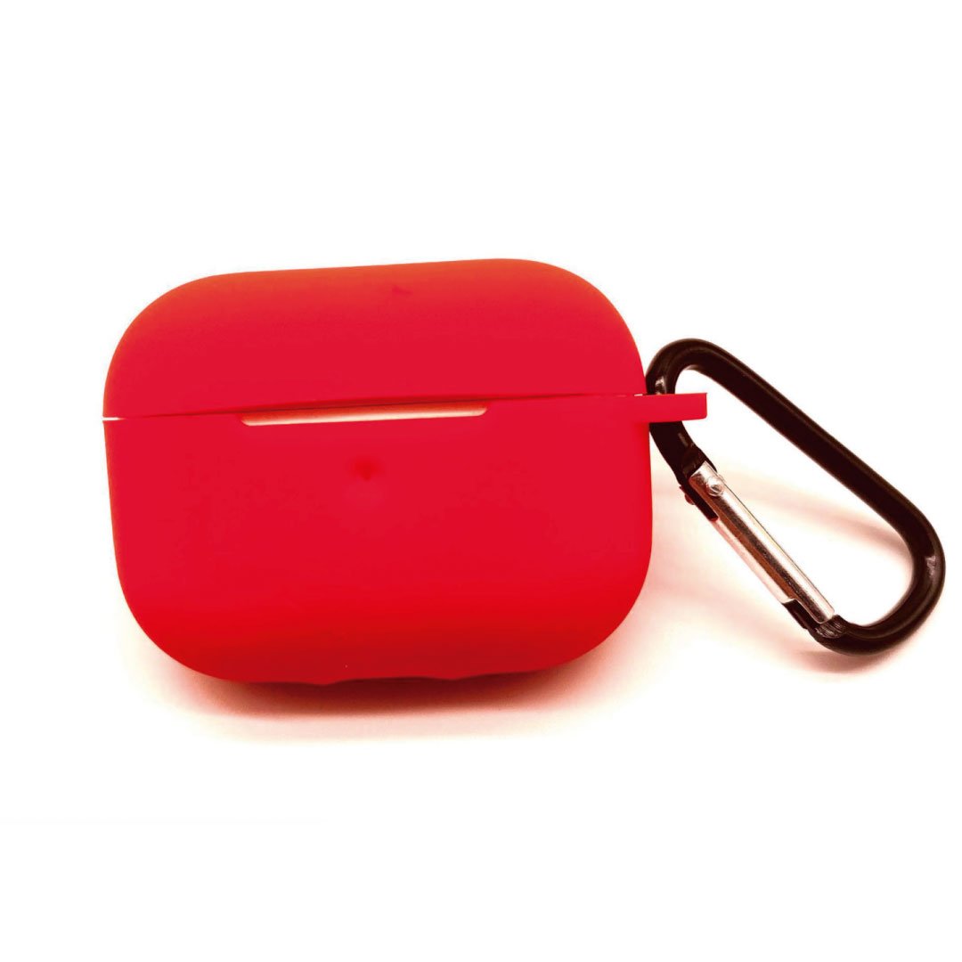Red AirPods Pro case with brown carabiner clip and front indicator opening