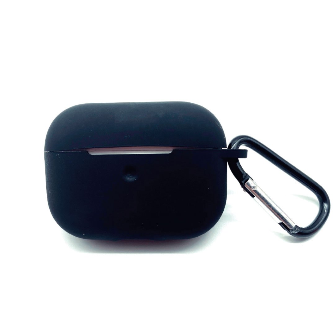 Dark blue AirPods Pro case with black carabiner clip and front indicator opening
