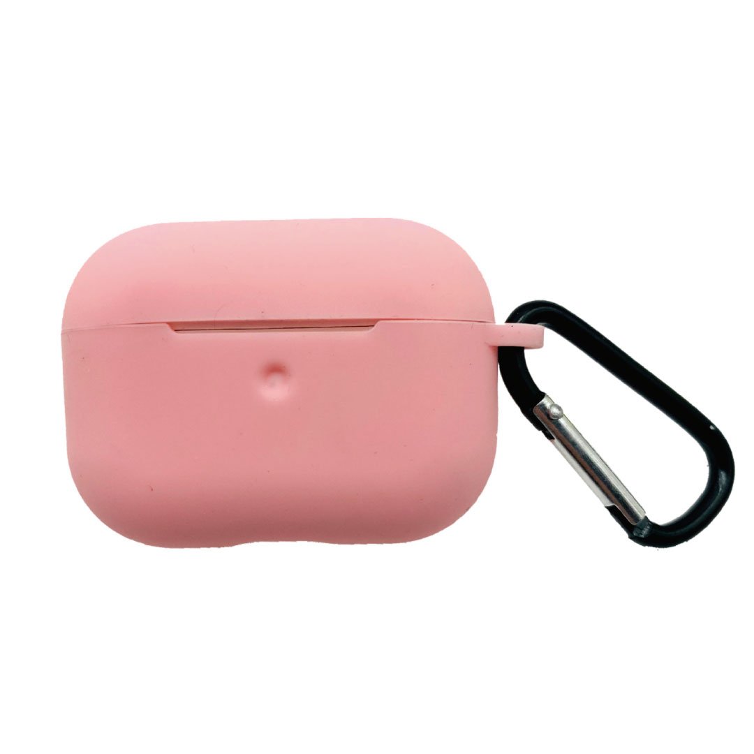 Pink AirPods Pro case with black carabiner clip and front indicator opening