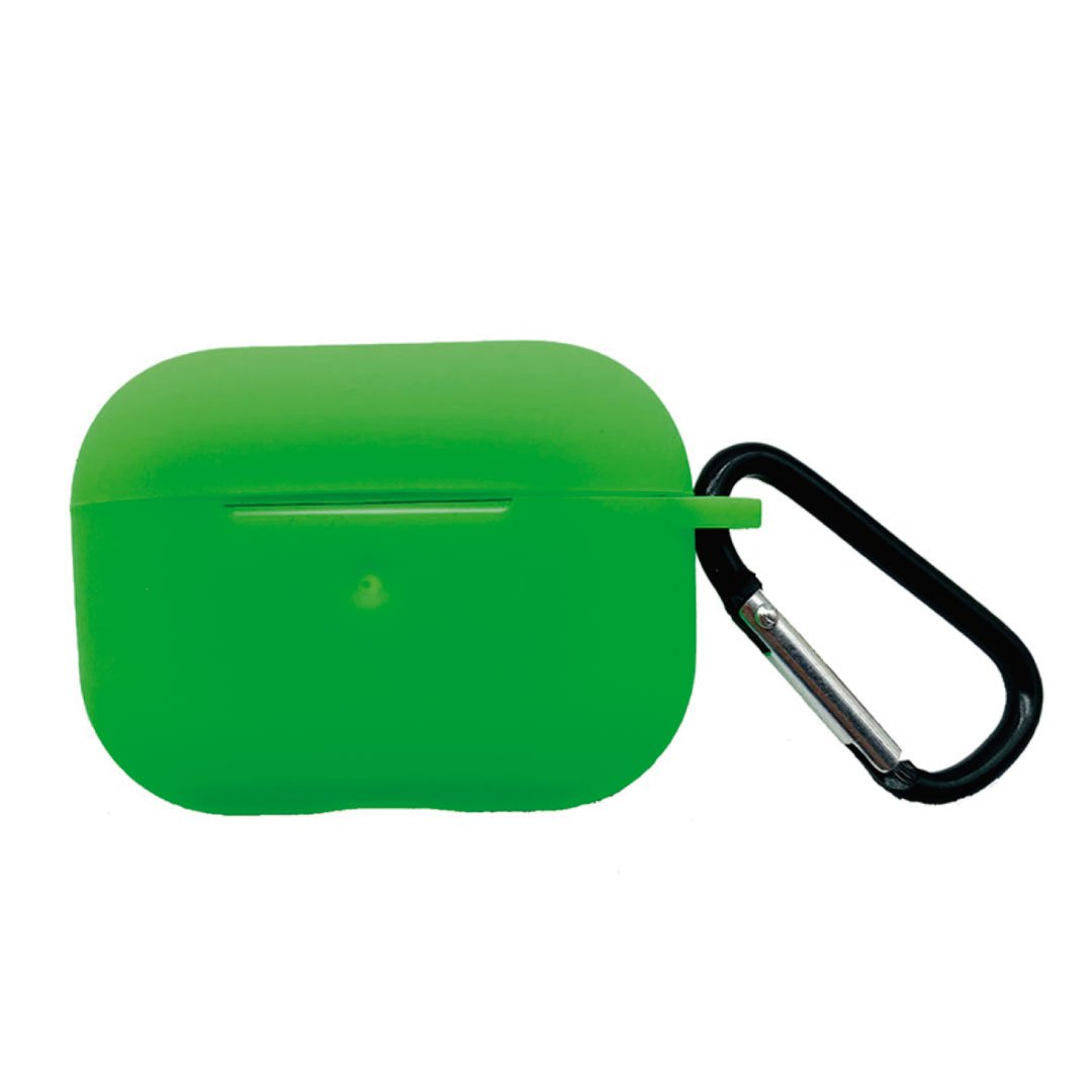 Green AirPods Pro case with black carabiner clip and front indicator opening