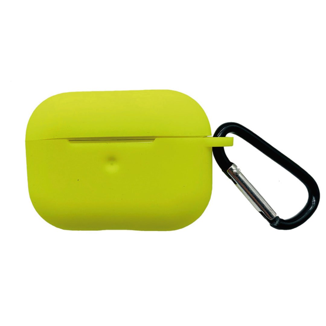 Yellow AirPods Pro case with black carabiner clip and front indicator opening
