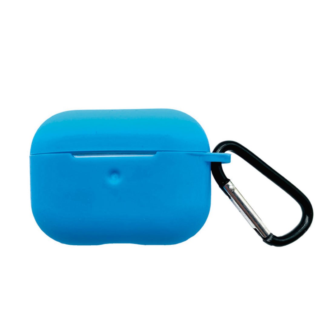 Light blue AirPods Pro case with black carabiner clip and front indicator opening