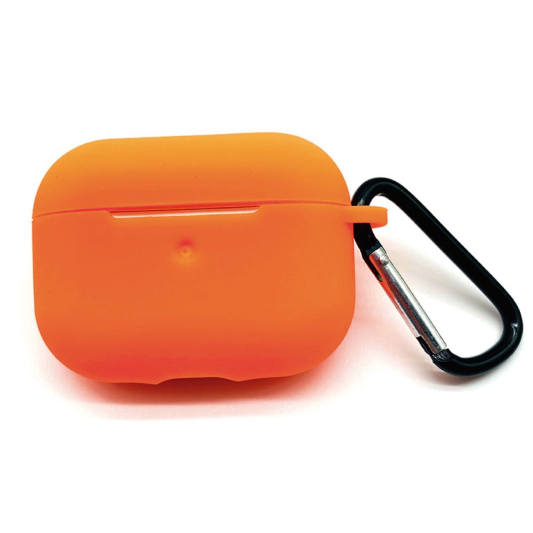 Orange AirPods Pro case with black carabiner clip and front indicator opening