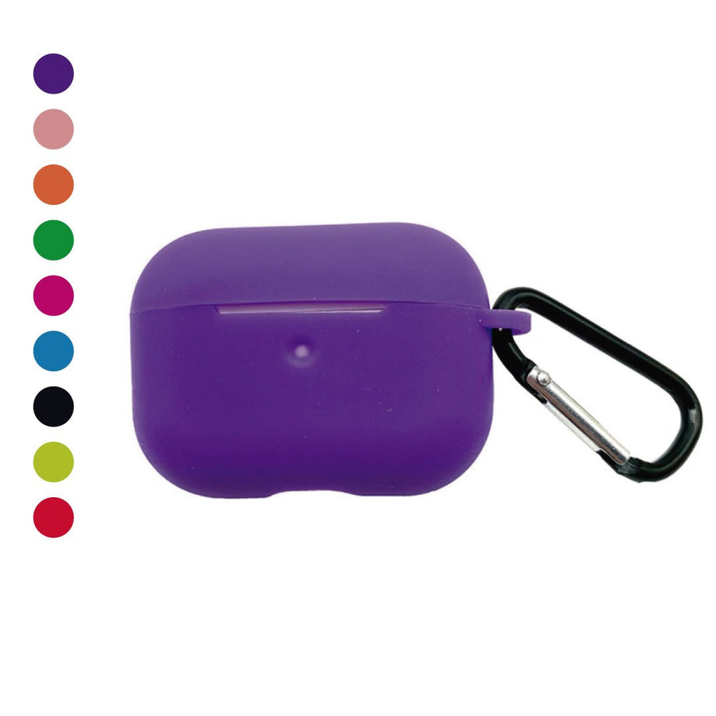 Purple AirPods Pro case with black carabiner clip and front indicator opening