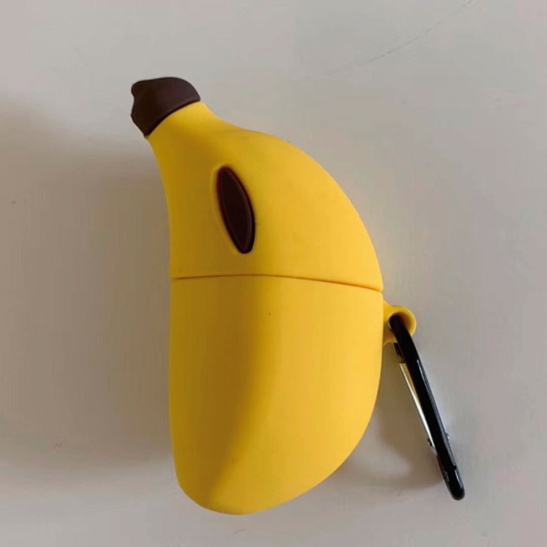 Banana-shaped AirPod case with yellow body, brown top, and oval front opening