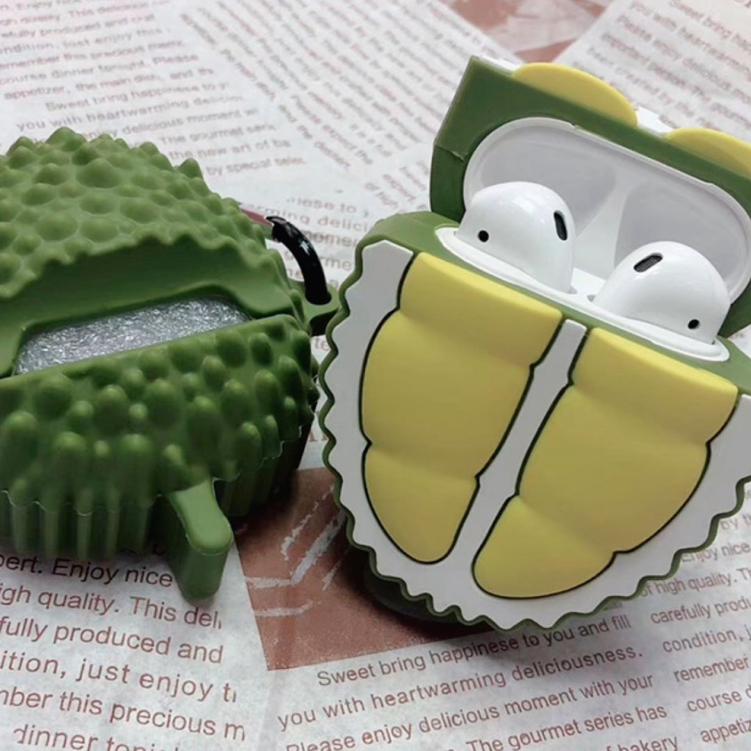 Soursop silicone AirPod case with green shell and yellow flaps, fits earbuds