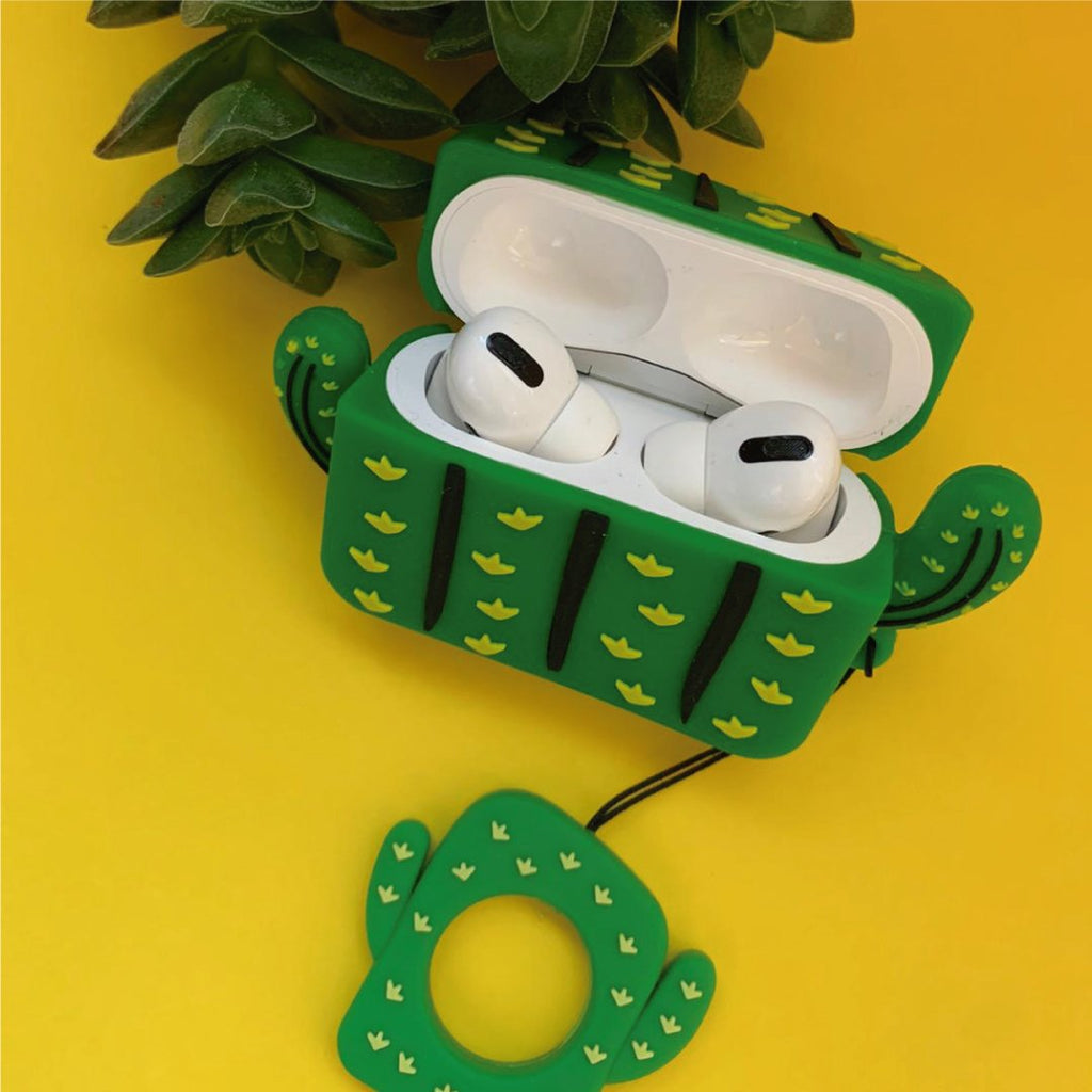 Cactus AirPod Pro case, green with yellow patterns, open with two white earbuds inside