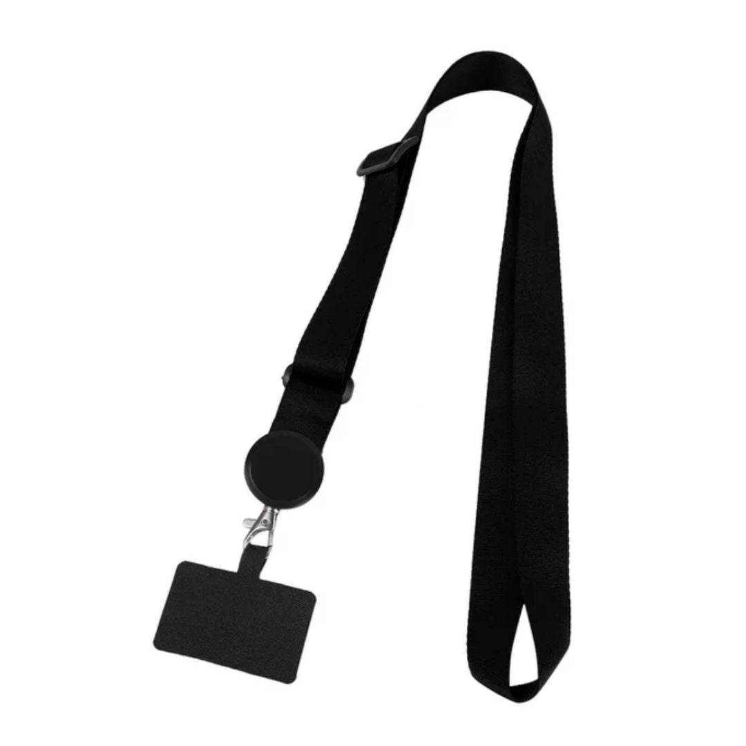 Black phone strap with round anchor and square adapter plate, fabric loop