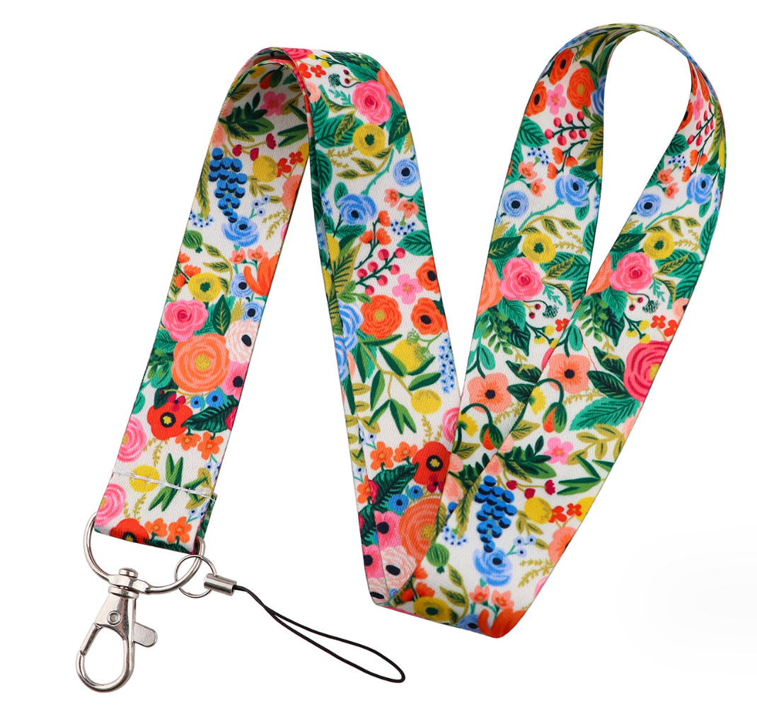 Colorful floral mobile phone strap with metal clasp and black safety cord