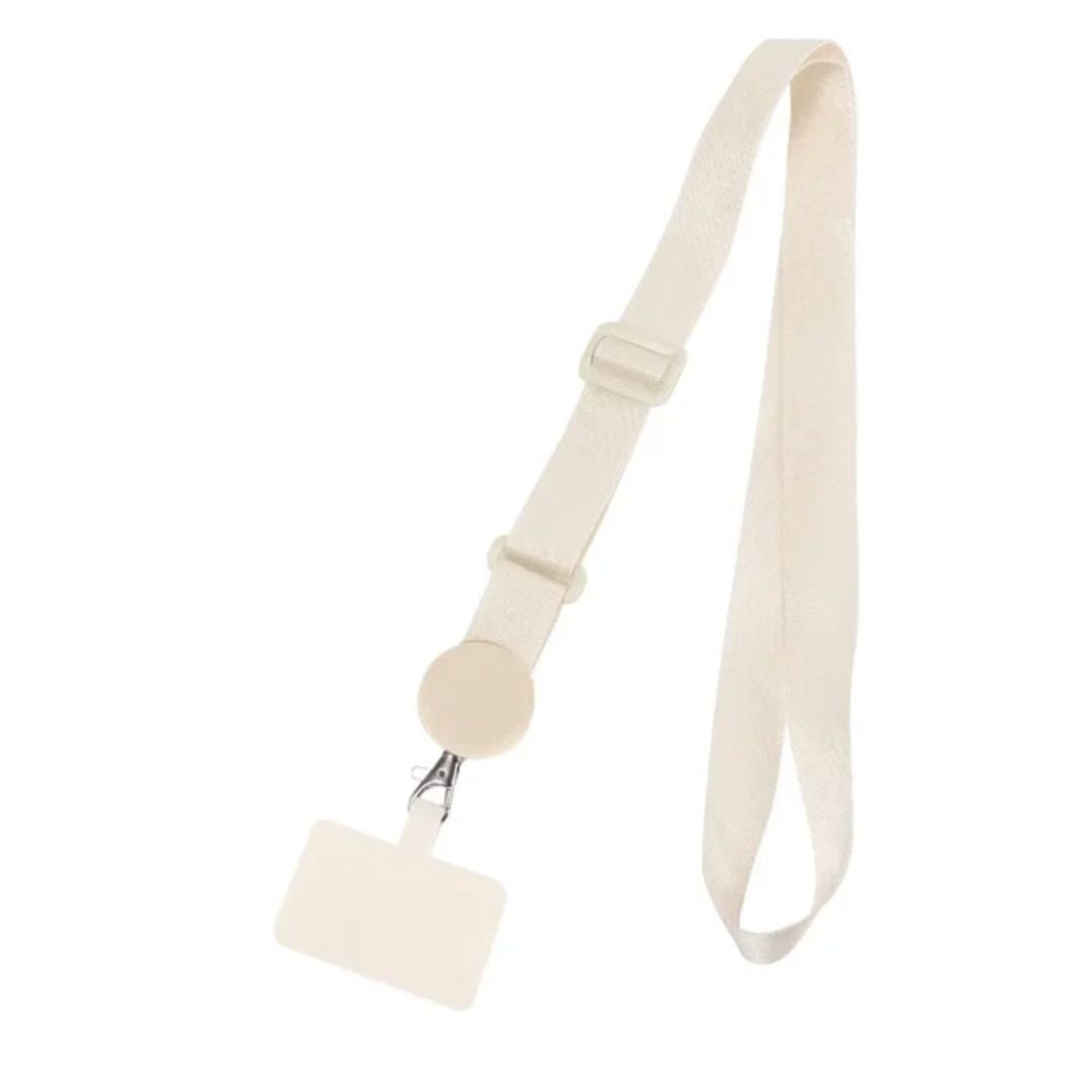 Cream phone strap with round anchor and square adapter plate, adjustable loop