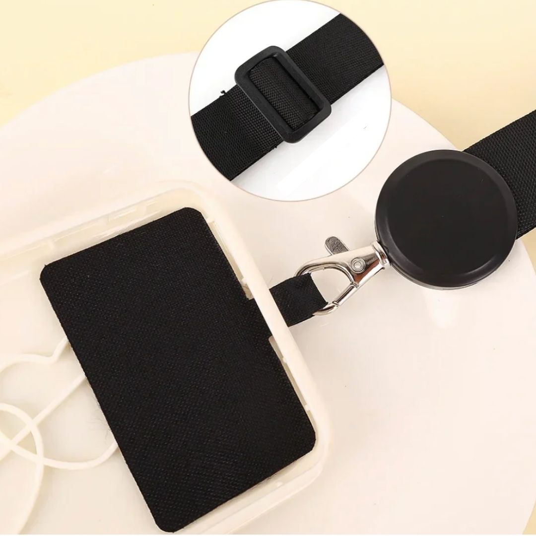 Black phone strap with rectangular holder, round clasp, and metal buckle