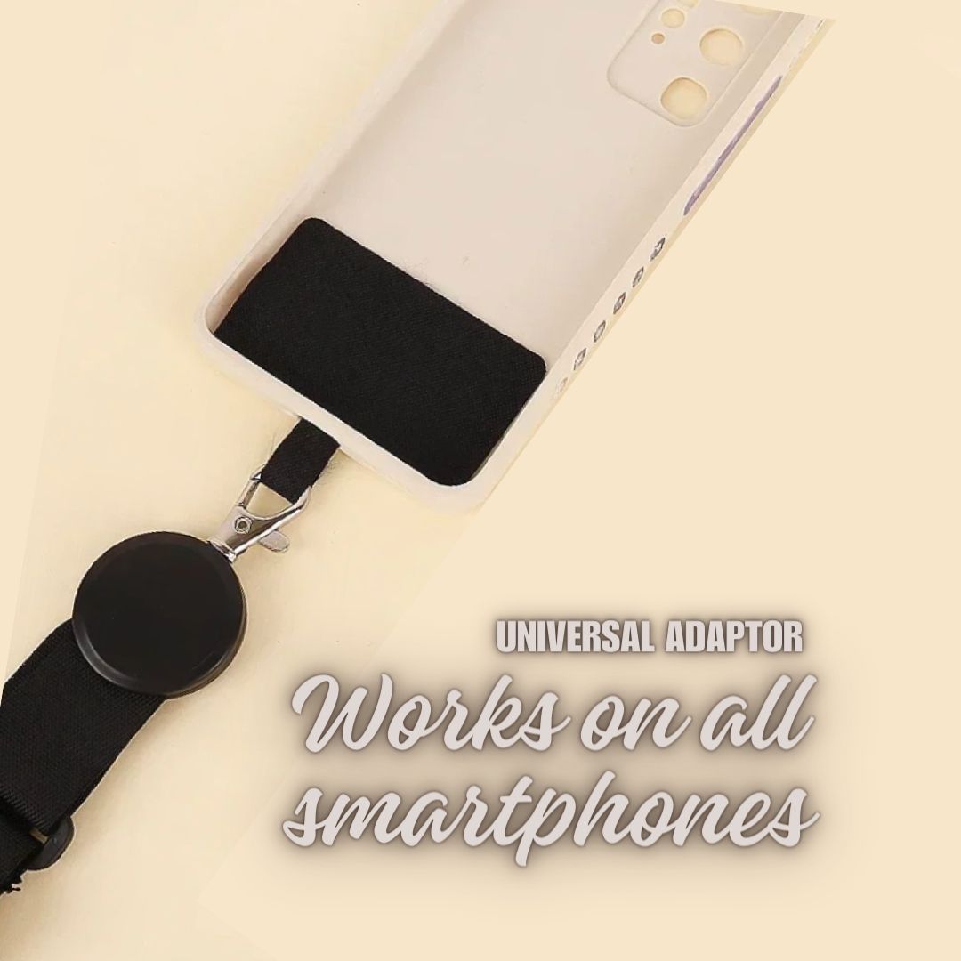 Black phone strap with round clasp and metal connector, universal adaptor