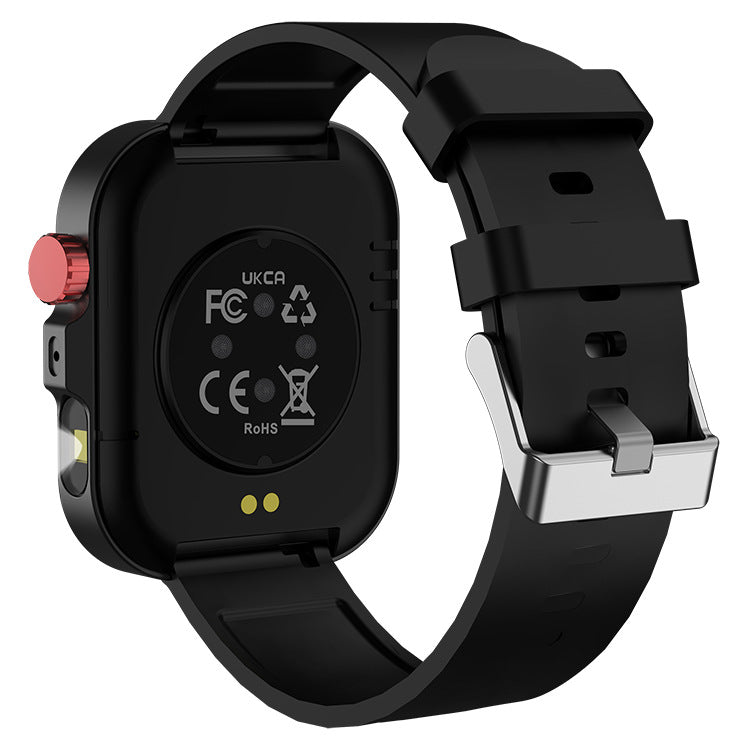 Black smart watch rear view with sensors and black silicone strap