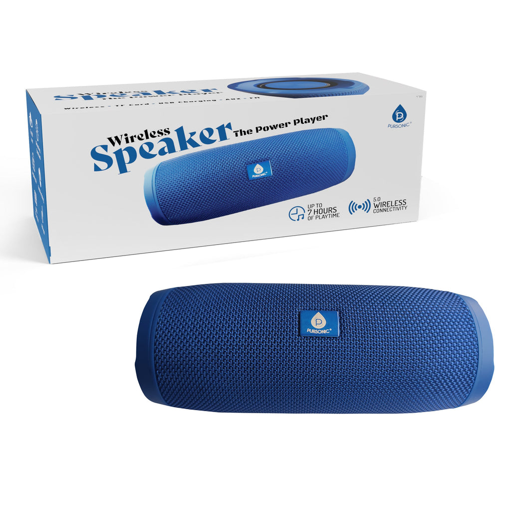 Blue wireless speaker with cylindrical mesh grille and top control badge