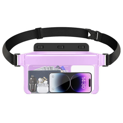 Purple waterproof phone waist pack with clear window and adjustable strap