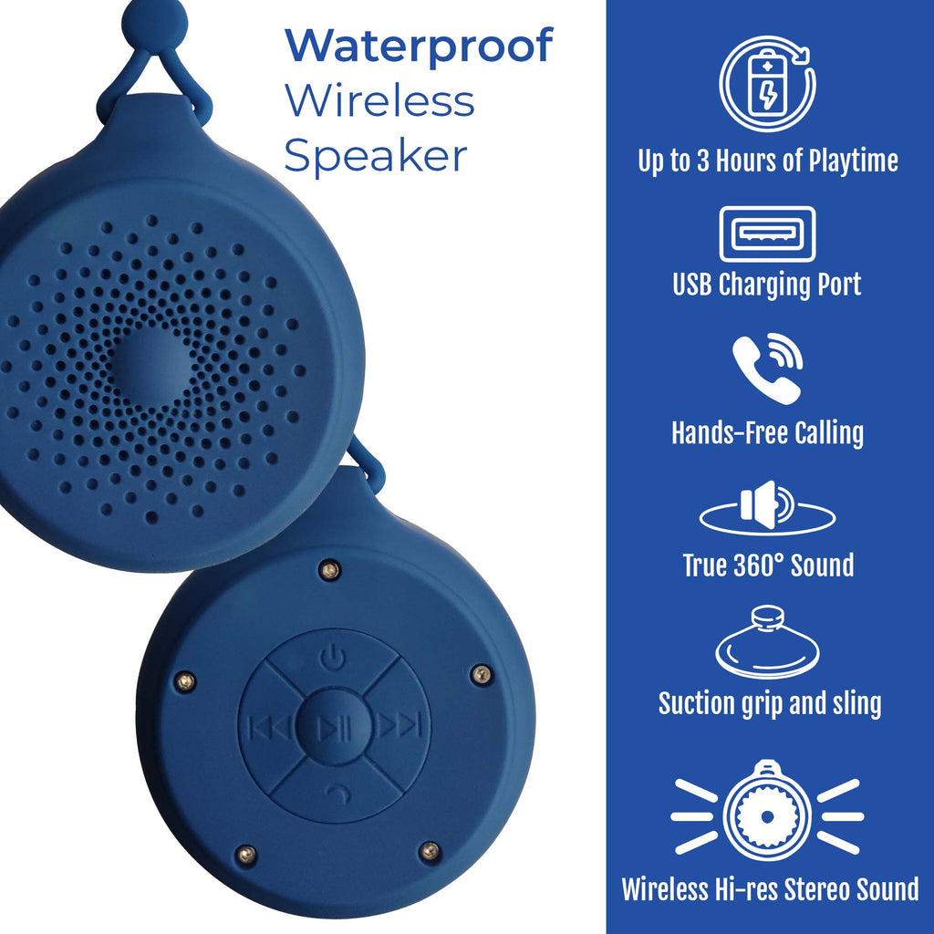 Blue round portable waterproof wireless shower speaker with buttons and speaker grille