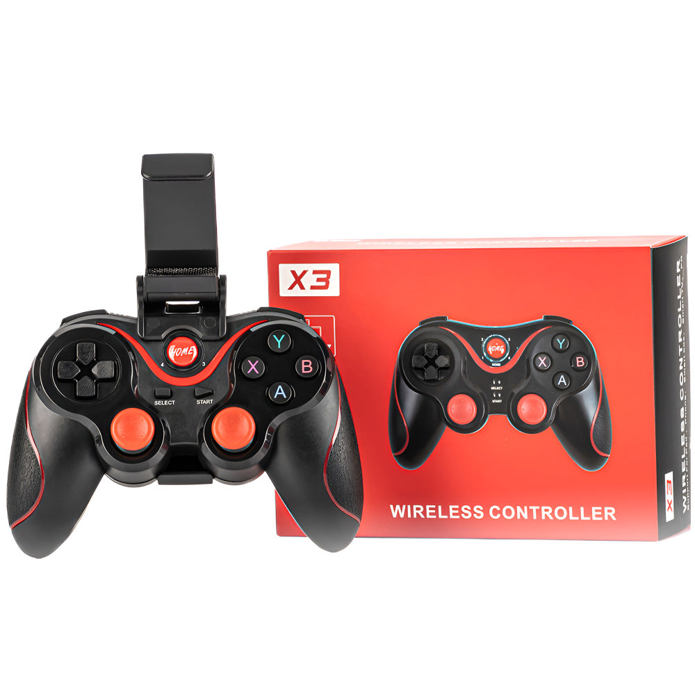Black wireless gaming controller with phone clamp, red accents and textured grips
