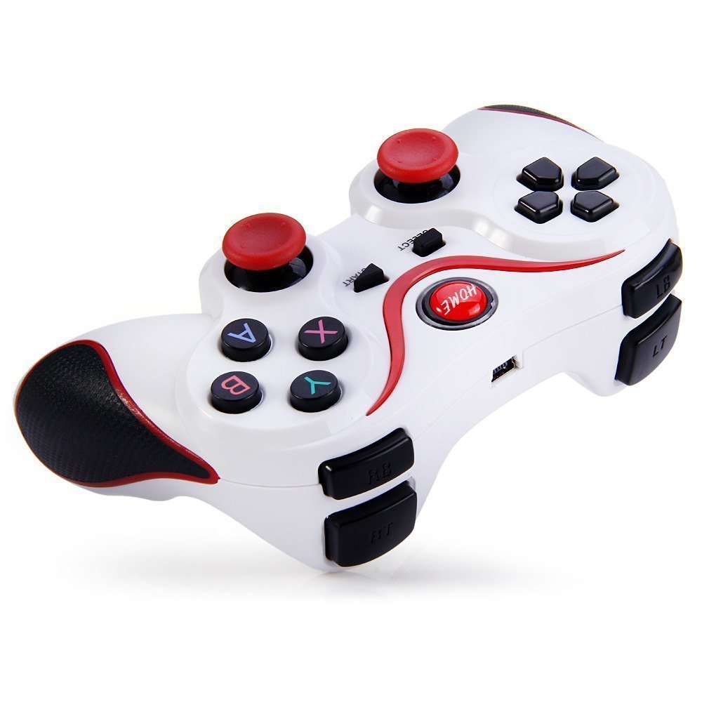 White wireless gaming controller with red accents, dual analog sticks, and textured grips