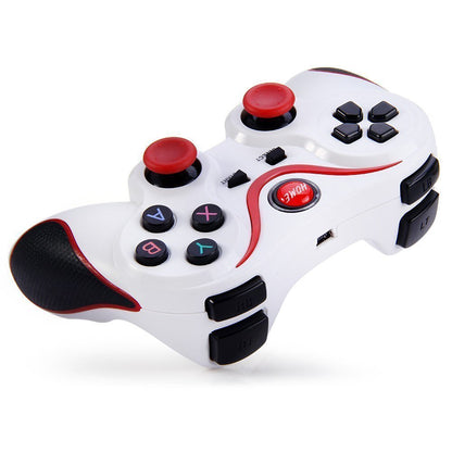 White wireless gaming controller with red accents, dual analog sticks, and textured grips