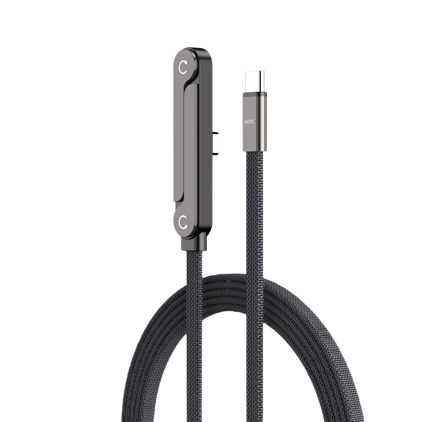 Foldable phone charging stand with braided cable and USB connector, close-up
