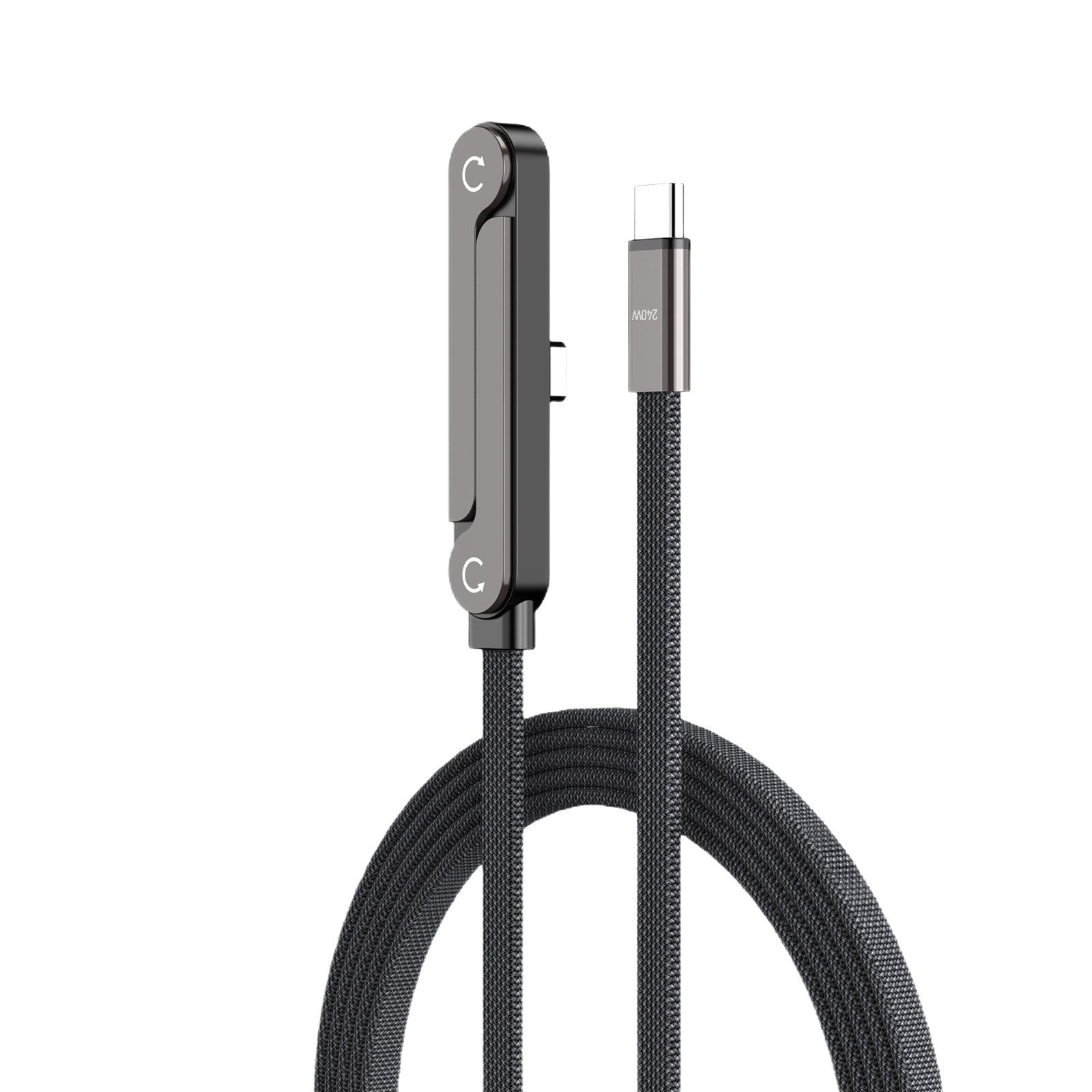 Foldable phone charging stand with braided cable and USB connector, close-up