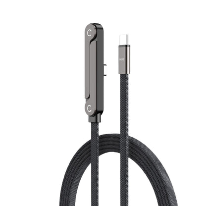 Foldable phone charging stand with braided cable and USB connector, close-up