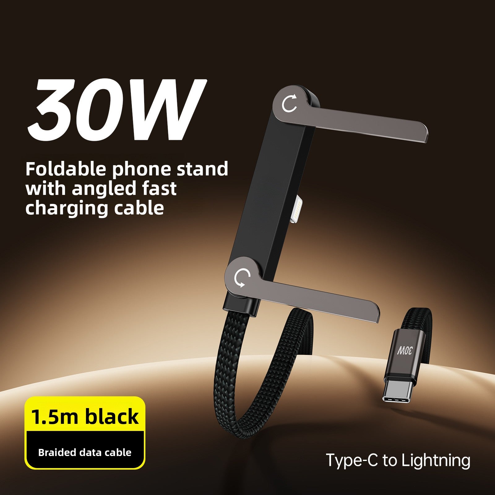 Mobile phone charging stand with angled fast-charging cable, black braided Type-C to Lightning